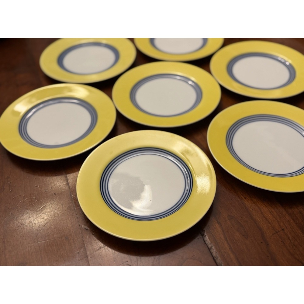 Set of 7 Vintage 1978 Fitz and Floyd Circa In Glaze Blue Yellow Salad Plates